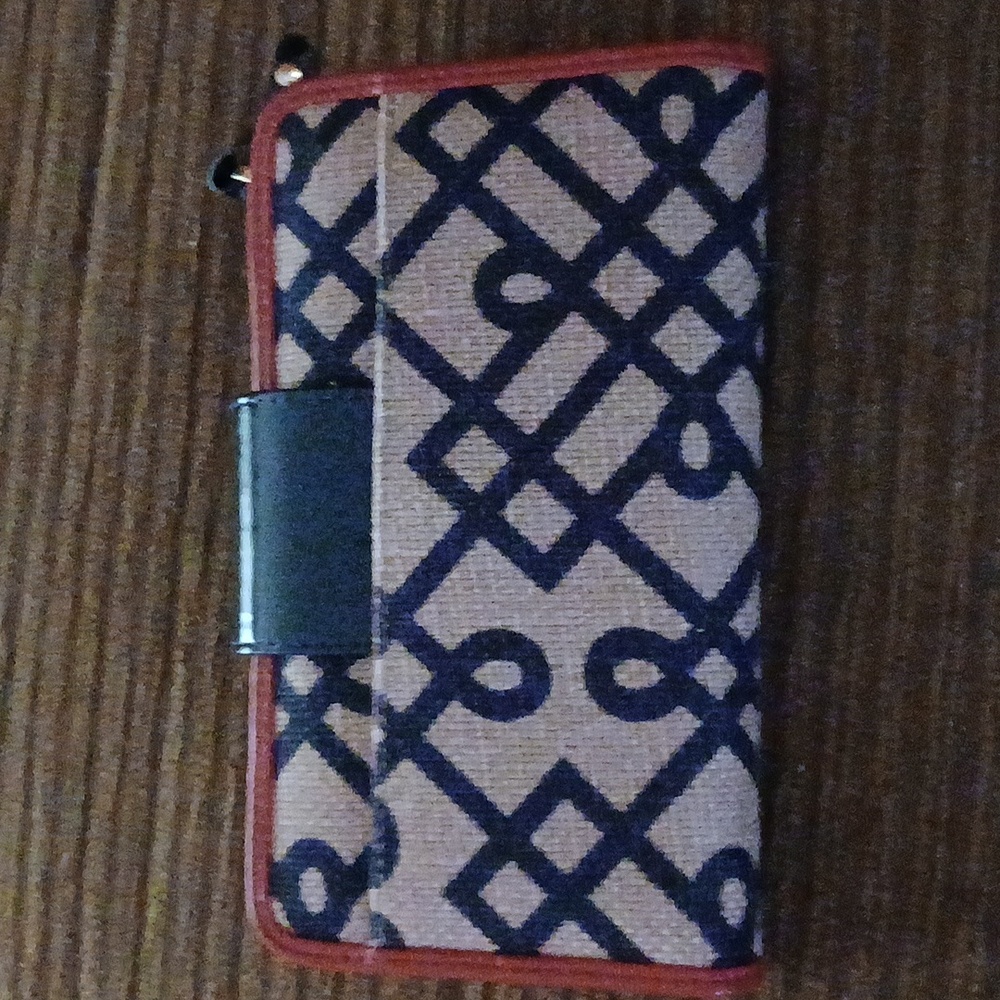 Spartina 449 Twist-Lock Burlap Fabric and Leather Wallet ■ Neutral with Red Trim - Picture 3 of 7